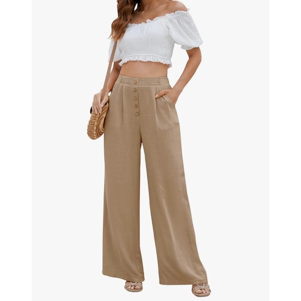 Tan High Waist Wide Leg Cotton Linen Pants Size Medium
